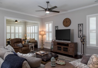 Plantation shutters in a family room